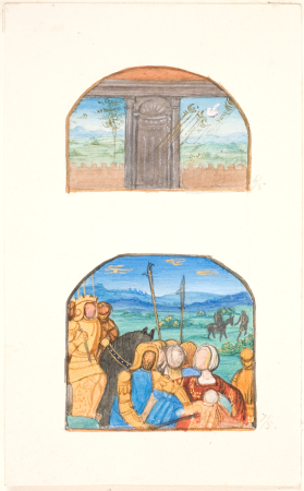 Sheet with copy of two different miniatures. At the top, the dove of the Holy Spirit and at the bottom a scene with knights in a landscape, Agnes Slott-Møller, 1929