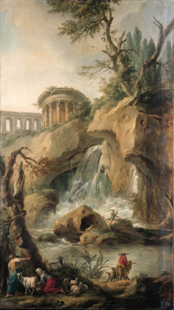 A view of the Falls of Tivoli with a peasant milking a goat, a traveller on a mule with a dog and fishermen on a rock, Jean-Baptiste Marie Pierre
