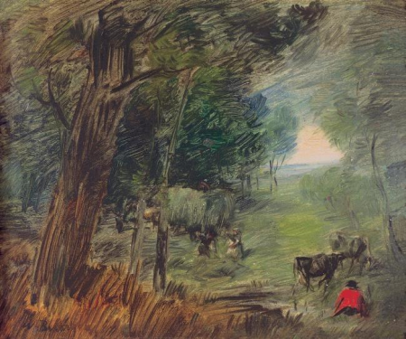 Forest landscape with haystacks and cows, Wilhelm Busch, circa 1884/93