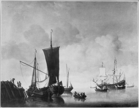 A kaag and a hoeker lying at the end of a pier; at the right a three-masted ship, Willem van de Velde the Younger, 1661