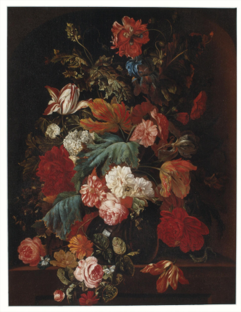 Flowers in a glass vase on a stone slab, Ernst Stuven, between 1695 and 1712