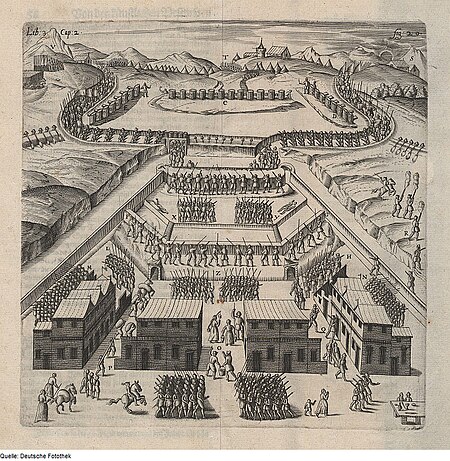 View of the order and positioning of people on the ramparts and within the fortress to defend against an enemy attack, 1604