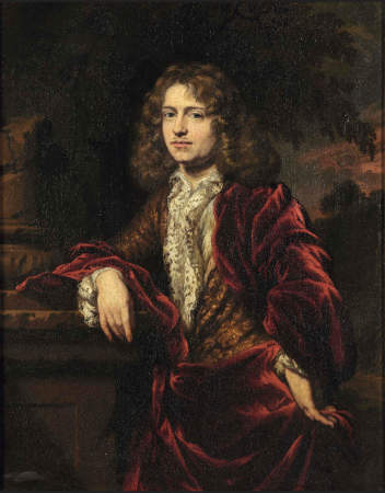 Portrait of a gentleman, three-quarter-length, in a white lace trimmed chemise and a red cloak, Nicolaes Maes, between 1654 and 1693