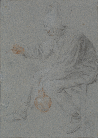A seated peasant holds out a note with his right hand, a jar in his left hand, Cornelis Dusart