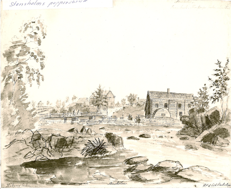 Akvarell över stensholms pappersbruk, Erik Westerling, circa 1850