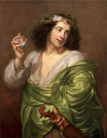 Portrait of a man holding a violin and a medallion with a miniature of a woman, Jan Cossiers, between 1624 and 1671