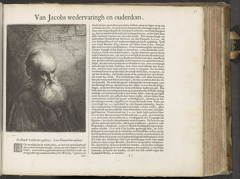Portret van aartsvader Jakob Van Jacobs wedervaringh en ouderdom (titel op object) Den Grooten Emblemata Sacra, bestaande in meer dan vier hondert bybelsche figuren, zoo des Ouden als des Nieuwen Testaments (serietitel, RP-P-2015-10-77, Jan Lievens