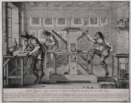 Cette figure vous montre Comme on Imprime les planches de taille douce, G.83(2), Abraham Bosse, En 1642
