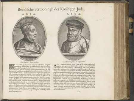 Portretten van de koningen Abia en Asa Beeldische vertooningh der koningen Juda (titel op object) Den Grooten Emblemata Sacra, bestaande in meer dan vier hondert bybelsche figuren, zoo des Ouden als des Nieuwen Testame, RP-P-2015-10-127