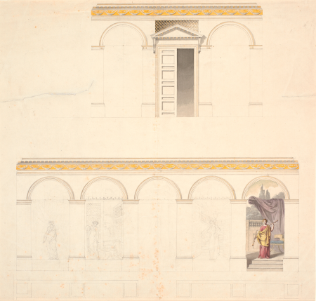 Draft for the decoration of an end and long wall in a hall with fields that are finished at the top by arches, Nicolai Abildgaard