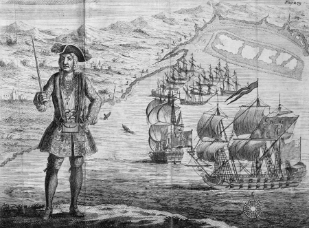 General History of the Pyrates - Captain Bartholomew Roberts with two Ships, Benjamin Cole, circa 1724