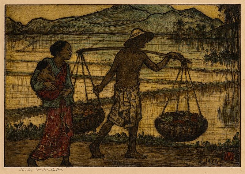 'Java', etching with hand applied watercoror by Charles W. Bartlett, c. 1933, Honolulu Academy of Arts, Charles William Bartlett, circa 1933