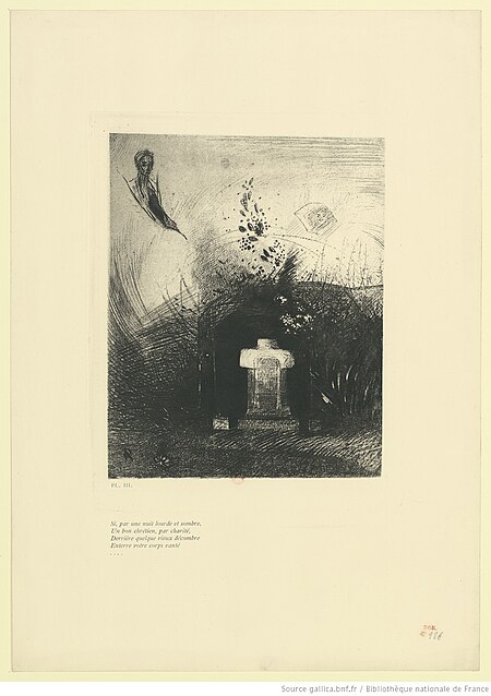 Redon - Si par une nuit lourde et sombre, Un bon chrétien, par charité, Derrière quelque vieux décombre Enterre votre corps vanté, btv1b69511850, Odilon Redon