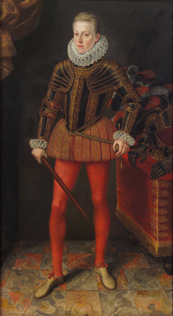Emperor Matthias (1557-1619), portrait as an archduke in armor in full figure, with a general's baton, Lucas van Valckenborch, 1579