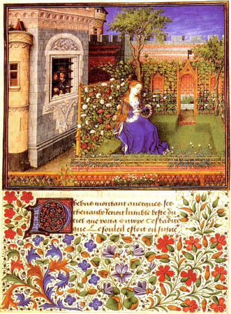 Emily in the garden observed by the imprisoned Arcitas and Palamon, from The Theseide, codex Vidobonensis 2617, Austrian National Library, Barthélemy d'Eyck, circa 1460