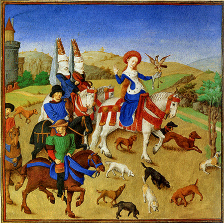 Emily hunting, watching the fight between Arcitas and Palamon, from The Theseide, codex Vidobonensis 2617, Austrian National Library, Barthélemy d'Eyck, circa 1460