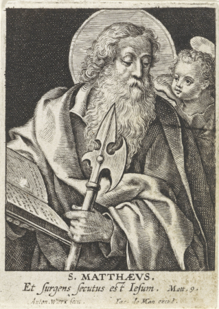 Evangelist Matteüs S. Matthævs (titel op object) Vier evangelisten (serietitel), RP-P-1907-1882, Jacobus de Man, between 1676 and 1719