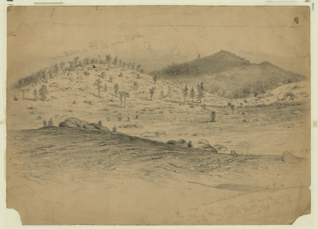 The battle of Gettysburg. View of Little Round Top and the Devil's Den, held by the Fifth Corps LCCN2004661443, Edwin Forbes, 1863
