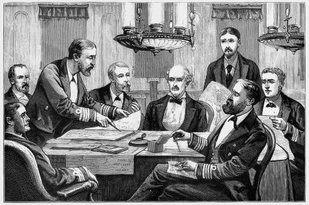 In the back saloon of HMS Lively, the Duke of Edinburgh marking out the plan for the next day's work., John Charles Dollman, 8 May 1880