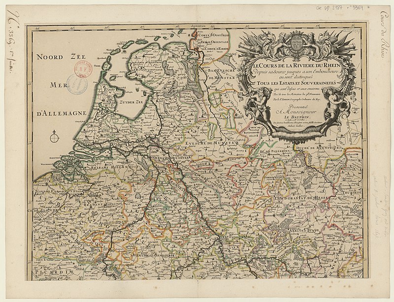 The course of the river Rhine from its source to its mouth, where all the states and sovereignties above and in the surrounding area are distinguished. [Northern part] / by Mr. Sanson, between 1690 and 1699