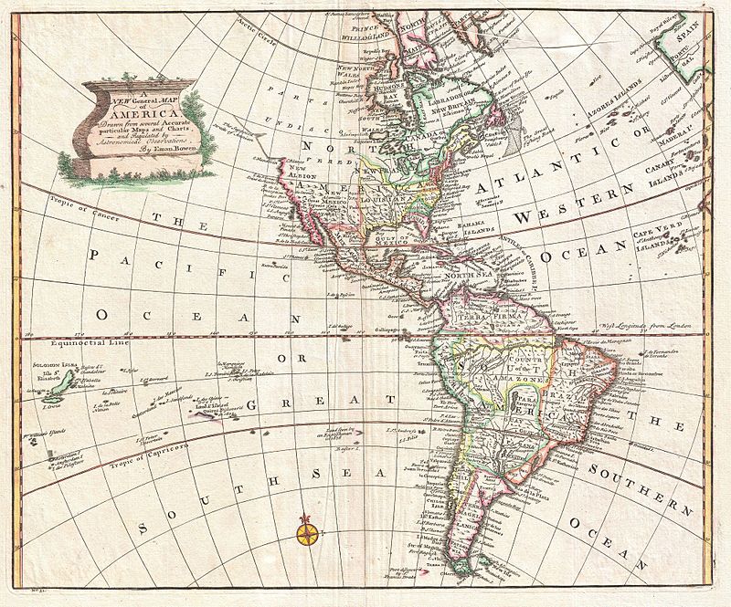 A New General Map of America Drawn from several Accurate particular Maps and Charts and Regulated by Astronomical Observations., Emanuel Bowen, 1747 (undated)