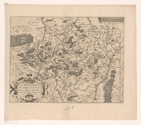 Kaart van Luxemburg Lutzenburgensis ducatus veriss. descript (titel op object), RP-P-AO-19-52S, between 1612 and 1648