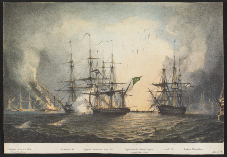 Hanhoute and Azoff, with explosion of a Turkish frigate, at the Battle of Navarino, 20 Oct 1827, George Philip Reinagle, 18 January 1828