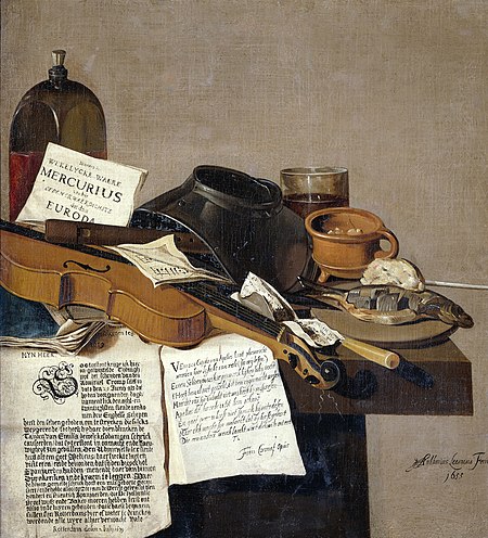 Still life with a copy of De Waere Mercurius, a newspaper about Tromp's capture of three English ships on 28 June 1639, and a poem about the shoemaker who disdains the work of Apelles, Anthonie Leemans, 1655