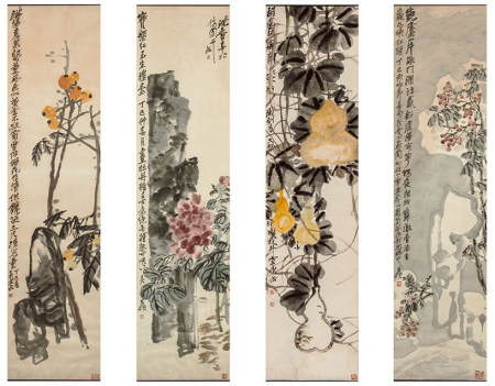 Peony, Bottle Gourds, Loquats, and Dingzi by Wu Changshuo, 1917