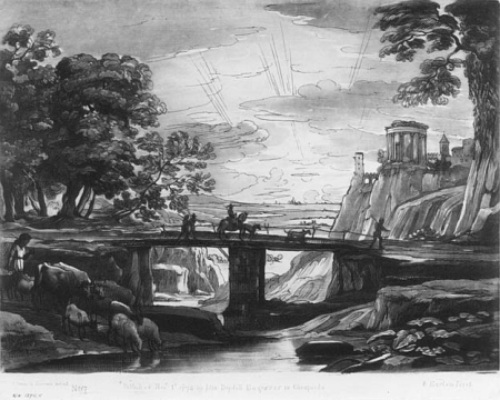 A Low-Standing Sun Shining over a Mountainous Landscape with a Bridge and a Shepherdess near Tivoli, Claude Lorrain, 1 November 1774