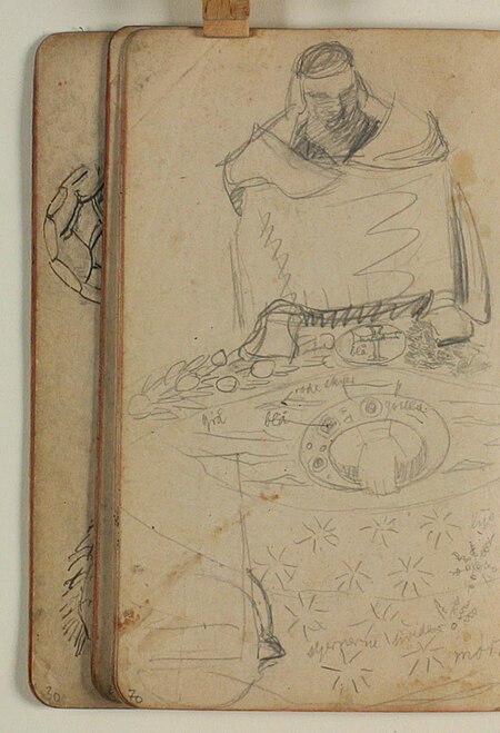 Sketch of a seated figure, a hand through a ring, and ornamentation with color indications, Niels Larsen Stevns