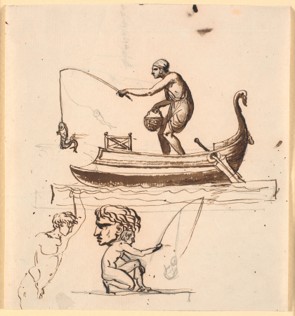 A man in a boat, lifting a fish on a line. Below a draft of a fisherman, a head and a naked man, Nicolai Abildgaard