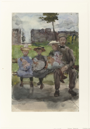 Man with three girls on a bench in the Oosterpark in Amsterdam, Isaac Israëls, from 1875 until 1919
