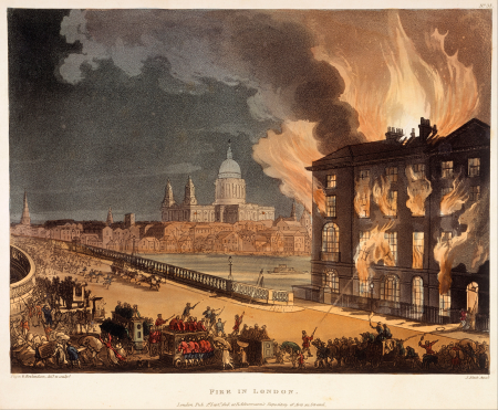 Print; coloured aquatint and etching - Fire in London, 1808