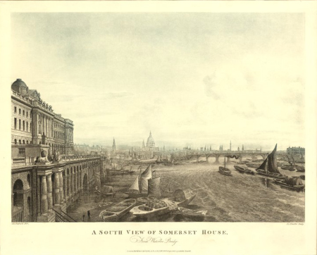 A South View of Somerest House, from Waterloo Bridge, Thomas Hosmer Shepherd, circa 1817