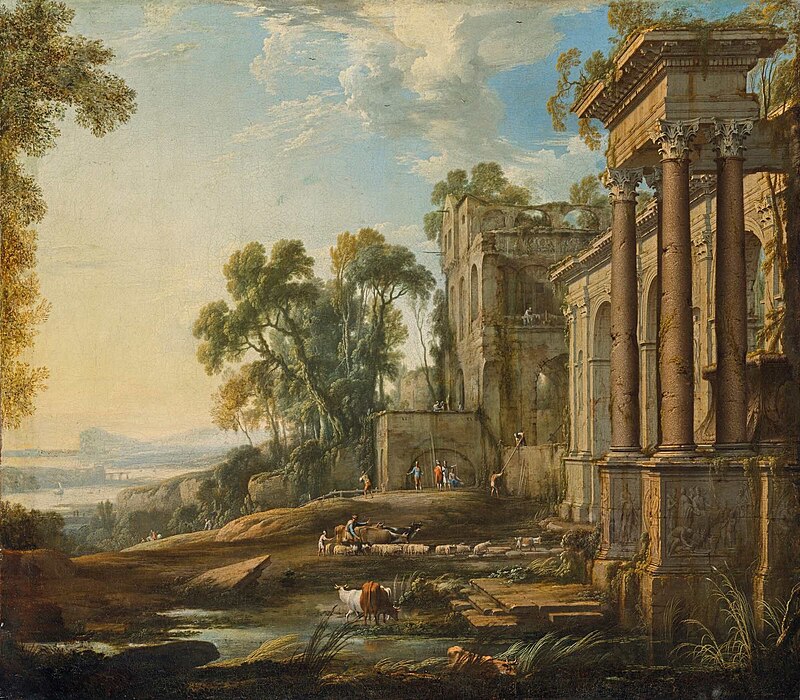 Ideal landscape with ancient monuments animated by characters, Pierre Patel, circa 1650