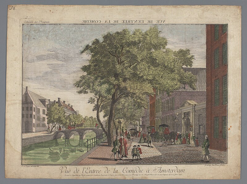 Gezicht op de Keizersgracht te Amsterdam met de ingang van de schouwburg Vue de l'entree de la Comedie Vue de l'Entree de la Comédie à Amsterdam (titel op object), RP-P-2015-5-6-1, Jan de Beijer, between 1737 and 1797