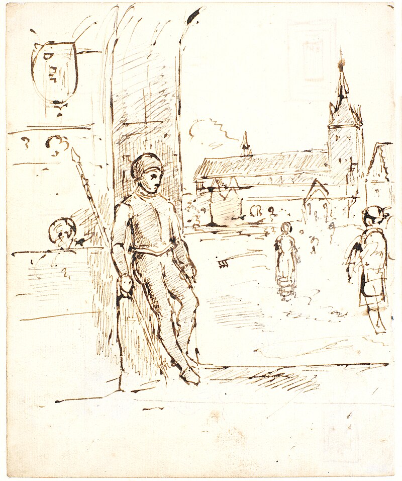 Composition: View through a gate, against whose wall a journeyman with a spear leans to a square with a church (probably drawn in memory of St. Knud, Odense), Dankvart Dreyer