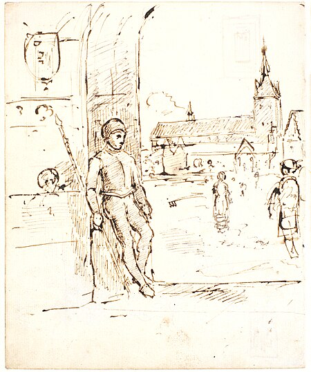 Composition: View through a gate, against whose wall a journeyman with a spear leans to a square with a church (probably drawn in memory of St. Knud, Odense), Dankvart Dreyer