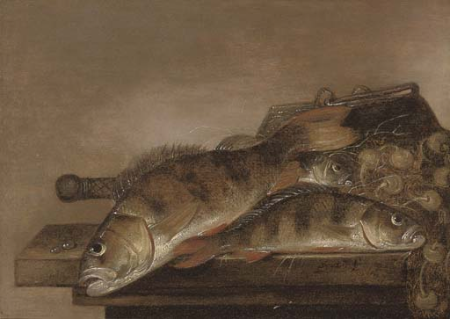 Sea bream, a fishing basket and nets on a wooden table, Pieter de Putter, between 1630 and 1659