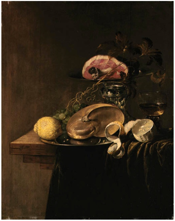 A Nautilus Shell and a Lemon on a pewter Plate, a Leg of Ham on a silver Tazza, a Roemer, a Bunch of Grapes and a peeled Lemon on a partly draped table, Jasper Geeraards, between 1634 and 1654