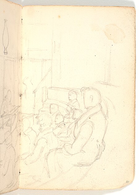 Auditorium with speaker and audience as well as scratch of palm tree and vase, Martinus Rørbye