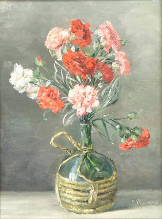 Carnations in a wine bottle., Emmy Thornam, between 1870 and 1935