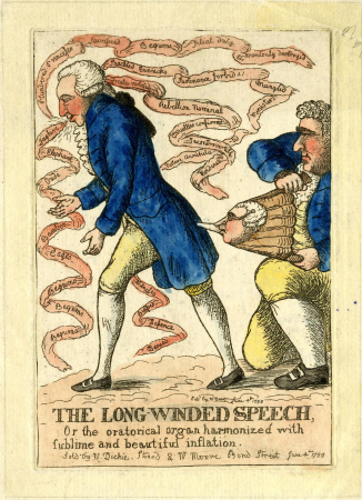 The Long-Winded Speech, or the oratorical organ harmonized with sublime and beautiful inflation, William Dent, 1788