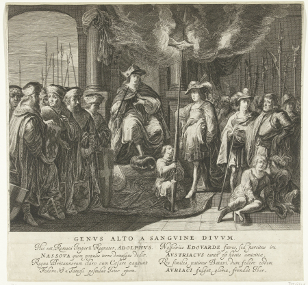 Tableau vivant met het verbond tussen koning Adolf van Nassau en de Engelse koning Eduard I in 1294, 1642 Genus alto a sanguine divum (titel op object), RP-P-OB-76.725, Jan Wildens