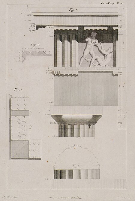 Fig 1 The capital and entablature of the columns of the portico, with the metope of the North East angle Fig 2 The soss - Stuart James & Revett Nicholas - 1794