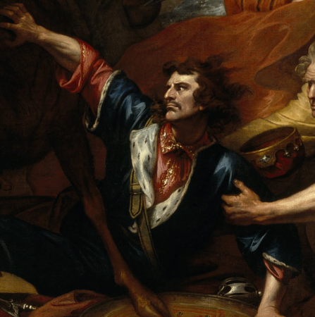 Alexander III of Scotland Rescued from the Fury of a Stag by the Intrepidity of Colin Fitzgerald ('The Death of the Stag'), Benjamin West, 1786