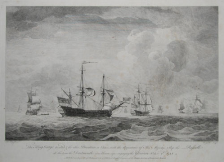 The King George disabled, and other Privateers in chase, with the Appearance of His Majesty's Ship the Russell at the time the Dartmouth was blown up, engaging the Gloriosa Octr 9th 1748, Charles Brooking, 1753
