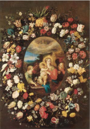 Garland of Flowers around an Image of the Holy Family and Angels, Andries Daniels, between 1600 and 1625