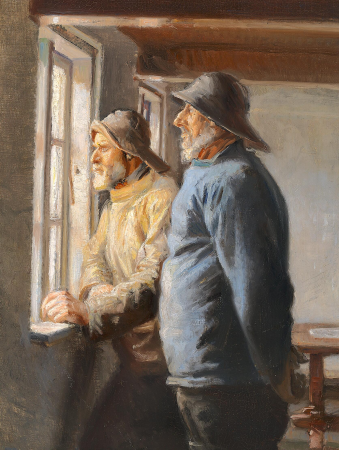 Two fishermen of Skagen watching the sea through a window., Michael Peter Ancher, between 1867 and 1927